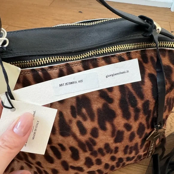 Giorgia Milani Leopard Print Calf Hair & Black Leather Satchel Purse - NWT - Picture 4 of 15